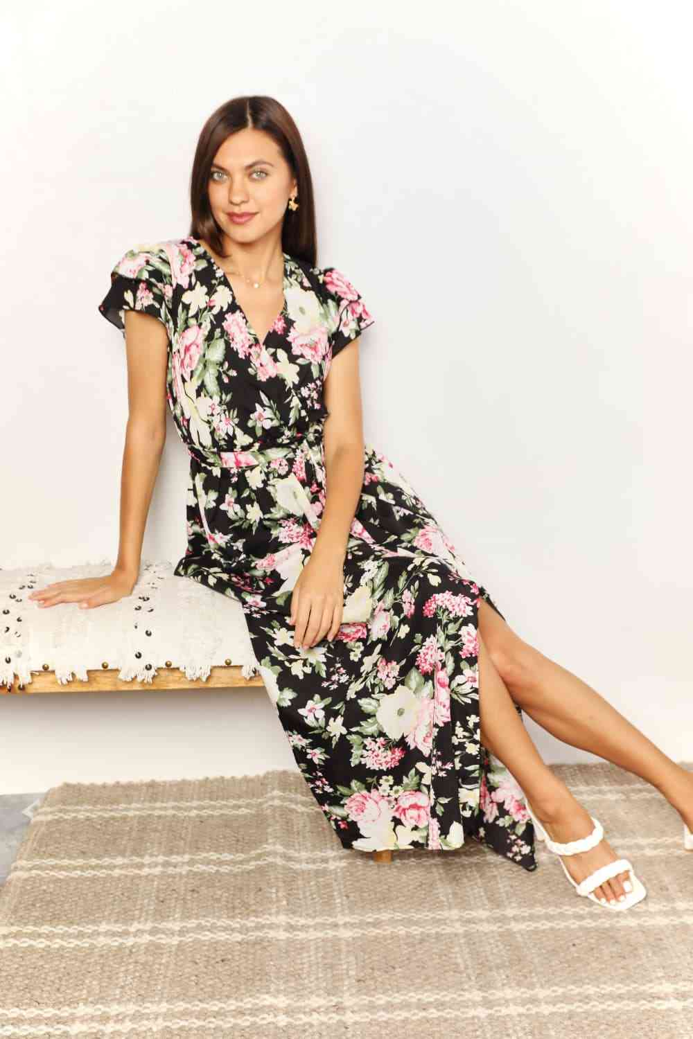 Women's Double Take Floral Flutter Sleeve Tie-Waist Split Dress