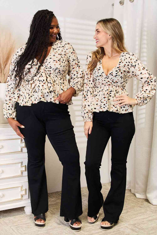 Women's Double Take Printed Tied Plunge Peplum Blouse