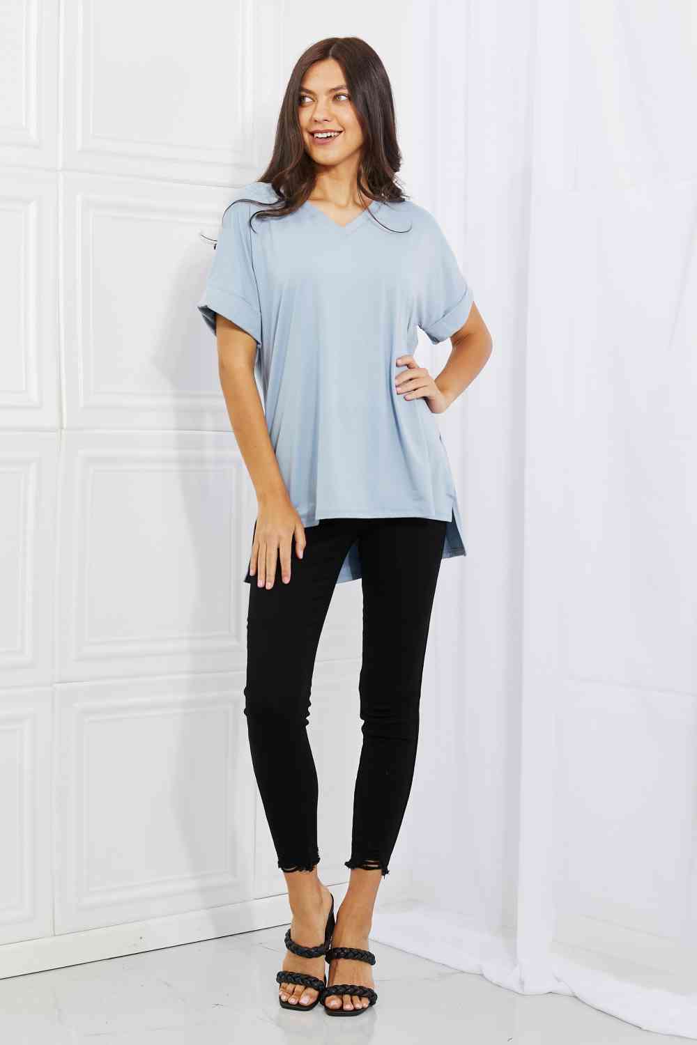 Women's Zenana Simply Comfy Full Size V-Neck Loose Fit T-Shirt in Blue