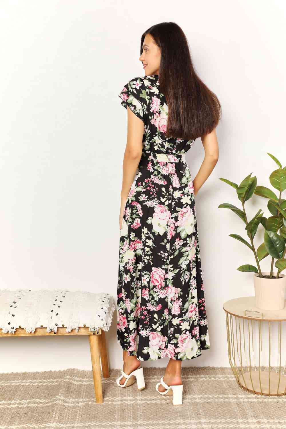 Women's Double Take Floral Flutter Sleeve Tie-Waist Split Dress