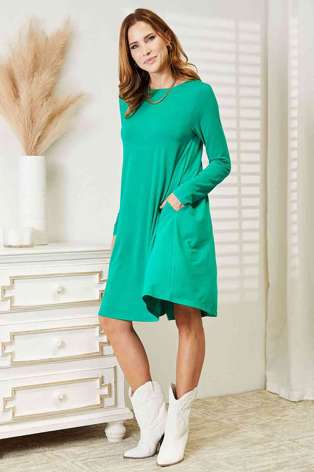 Women's Zenana Full Size Long Sleeve Flare Dress with Pockets