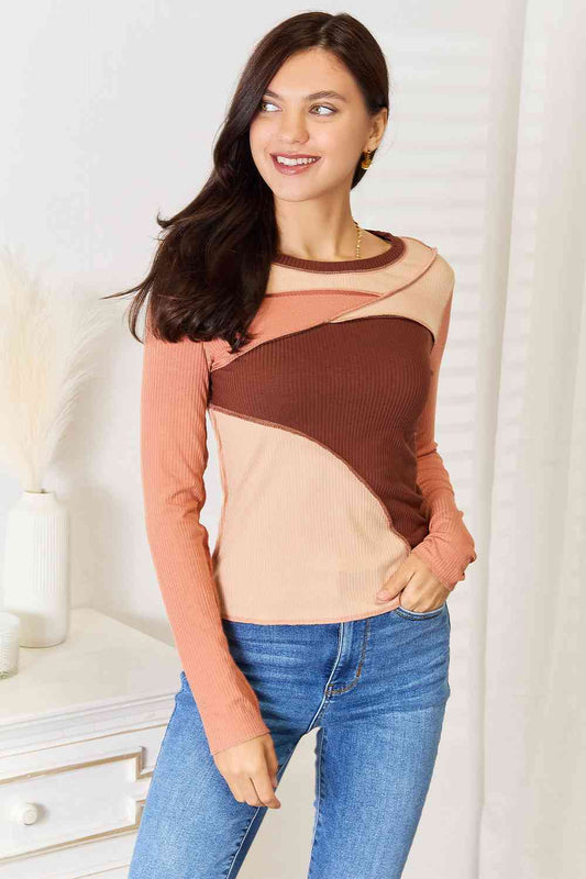 Women's Double Take Color Block Exposed Seam Long Sleeve Top