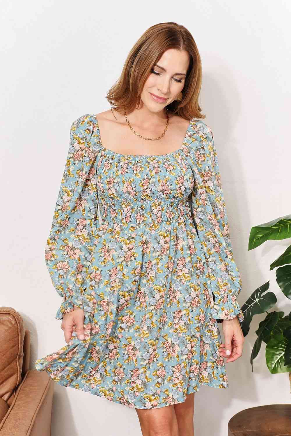 Women's Double Take Floral Smocked Flounce Sleeve Square Neck Dress