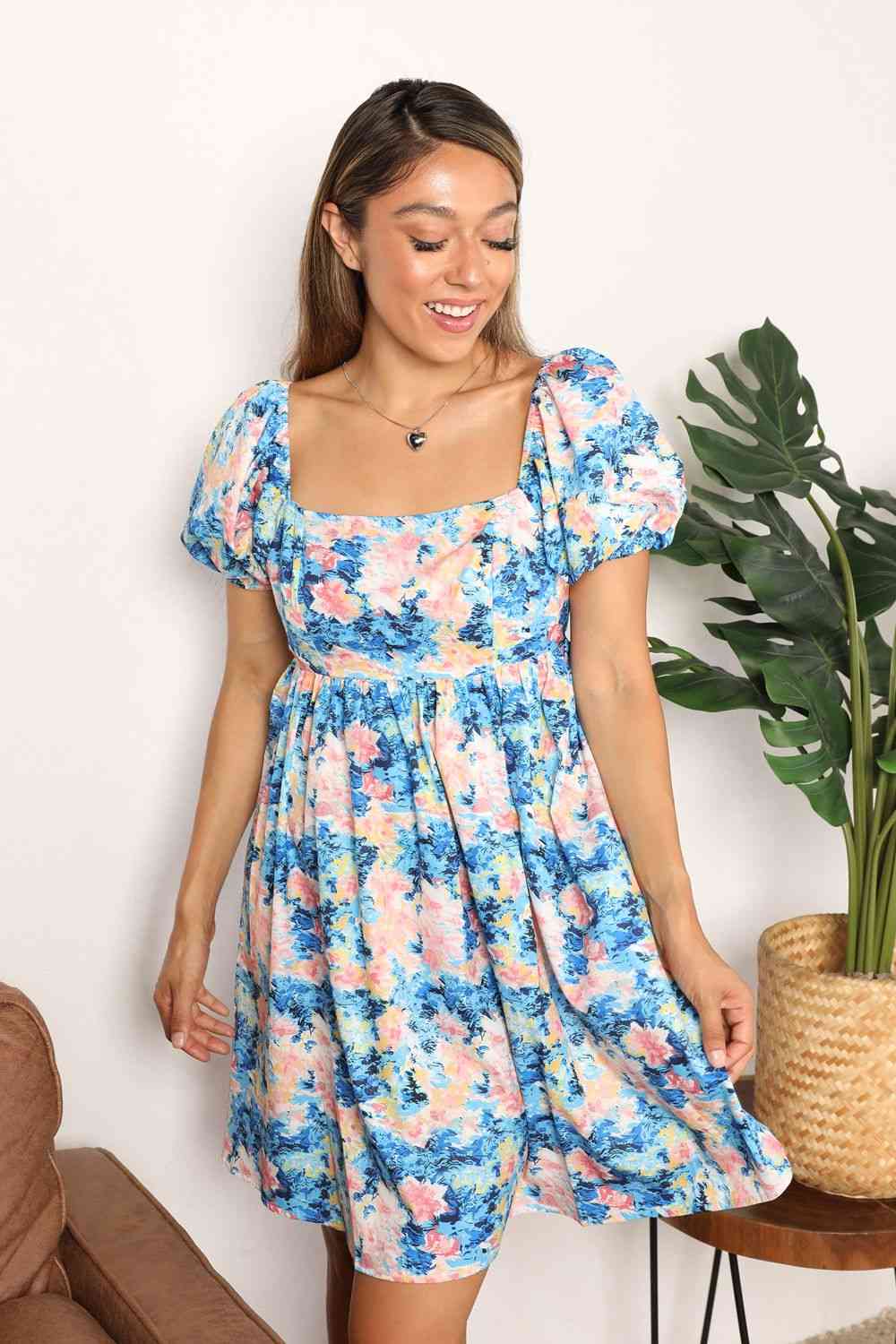 Women's Double Take Floral Square Neck Puff Sleeve Dress
