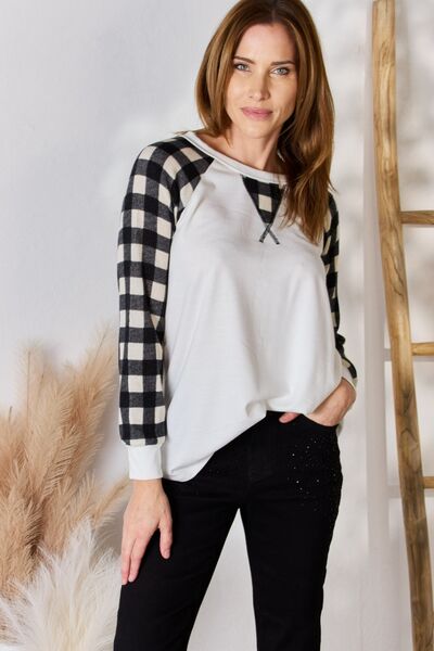 Women's Hailey & Co Full Size Plaid Raglan Sleeve Round Neck Blouse