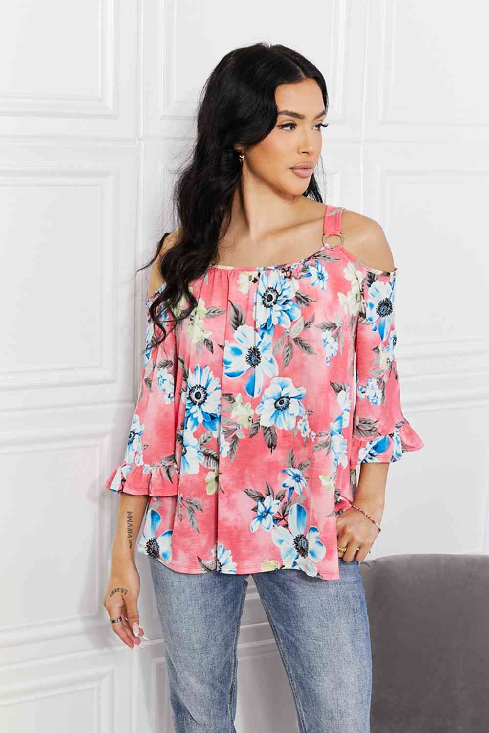 Women's Sew In Love Full Size Fresh Take  Floral Cold-Shoulder Top